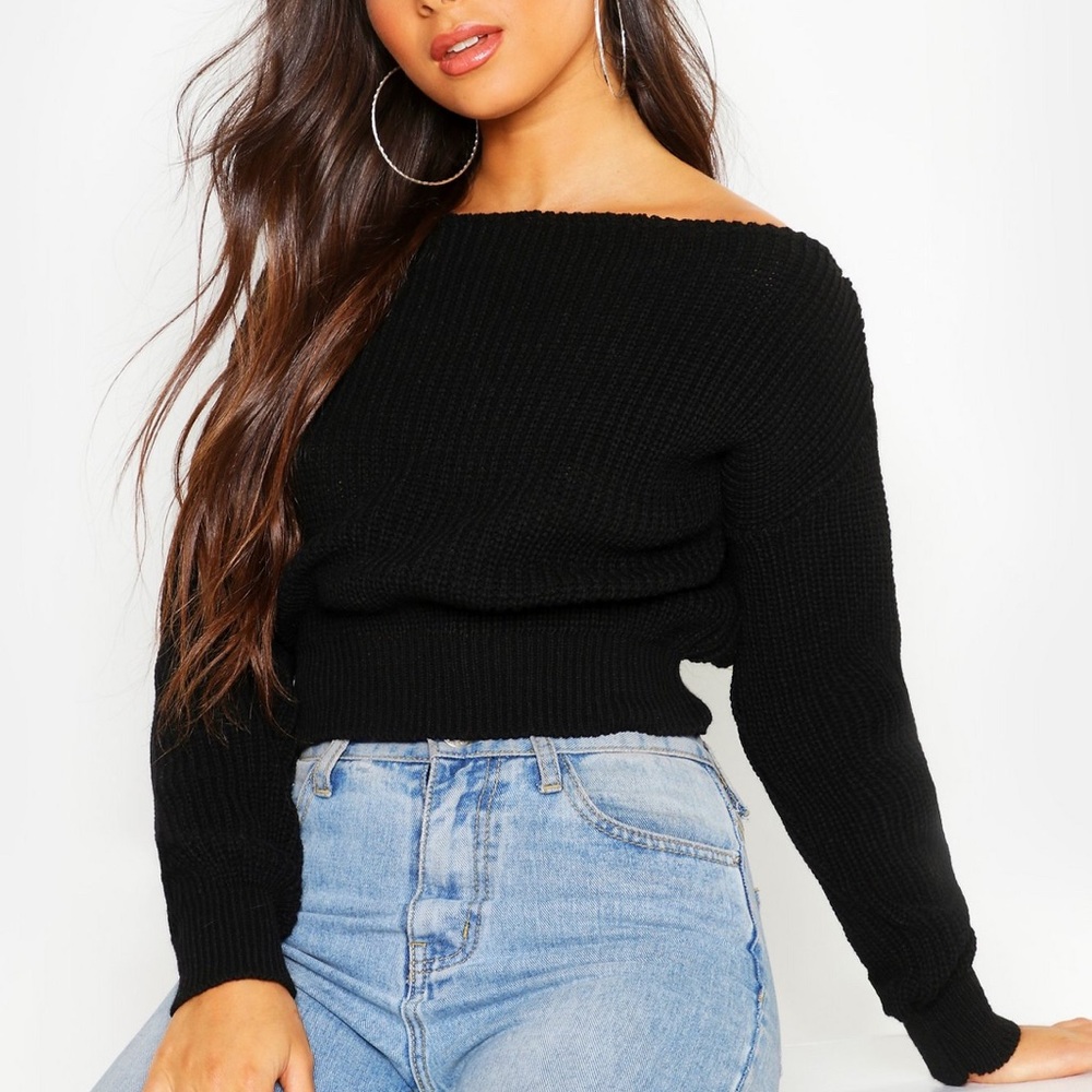 NWT BOOHOO Slash Neck Crop Fisherman Sweater Sz S
